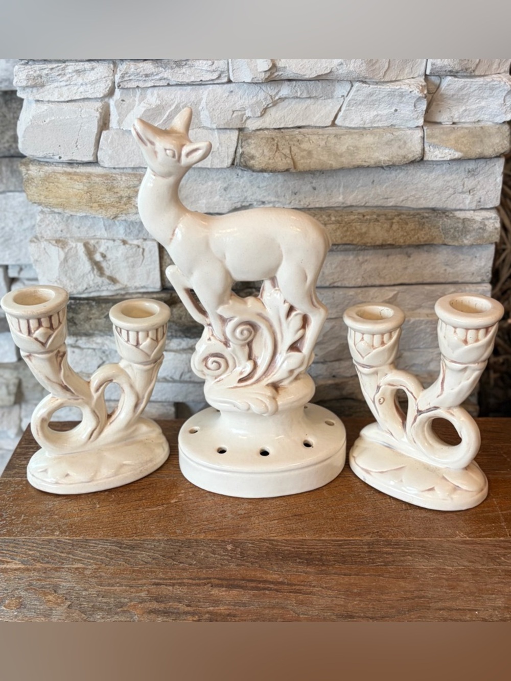Red Wing Pottery Vignette Set (3) Deer Stag Figurine Dual Candlestick Holder Vtg